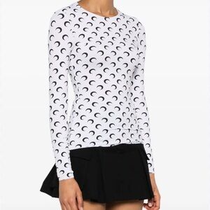 Inspired by Marine Serre White Long-Sleeve Crescent Moon Print Top